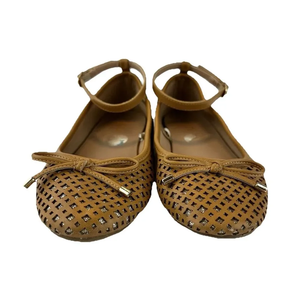 Sugar Evelyn Ballet Flats Girls Sz 2M Tan Brown Buckle Strap Bow Glitter